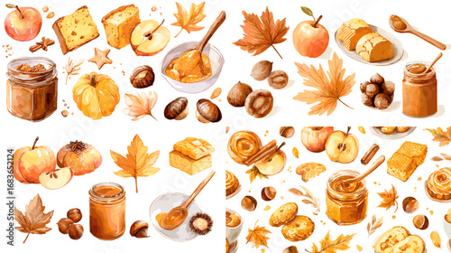 Autumn watercolor illustration with pumpkin butter, bread, apples, nuts, cookies, and orange leaves in cozy seasonal fall harvest theme.