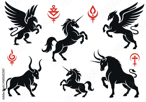 Mythical creatures set featuring griffins unicorns and bulls with mystical symbols
