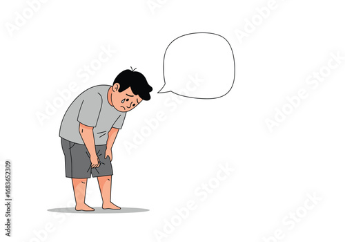 Man experiencing knee pain discomfort while standing suddenly with a thought bubble above