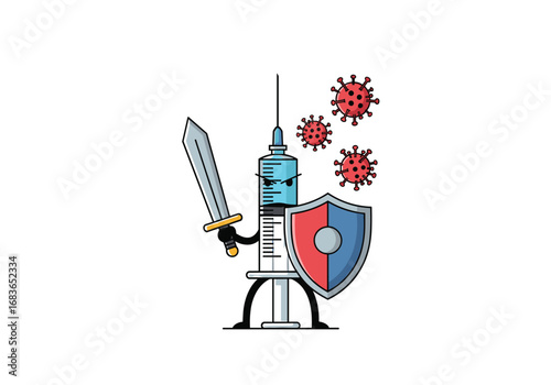 Immunization hero syringe fights against viral attack protecting health and wellness