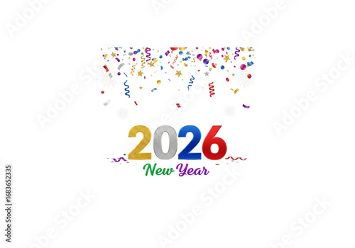 Happy New Year 2026 celebration confetti colorful png on transparent background
