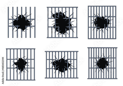 Prison break jail bars shattered explosions dynamic action concept graphic
