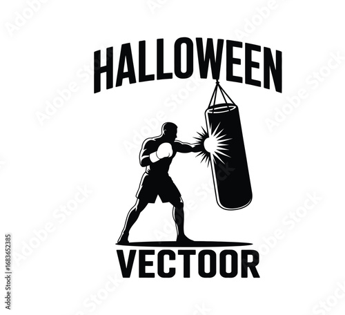Silhouette of boxer punching a pumpkin instead of a punching bag in spooky halloween vector design for T-shirt print