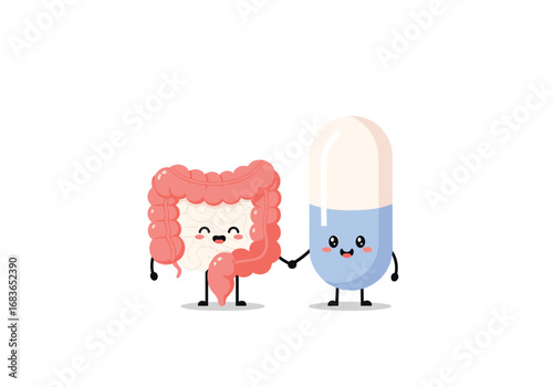 Friendly intestine character holding hands with a helpful blue capsule medicine