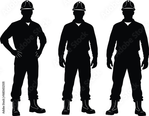 Construction Worker Silhouette Set with Safety Helmet, Boots, Uniform and Standing Poses for Industrial, Labor, and Jobsite Vector Use