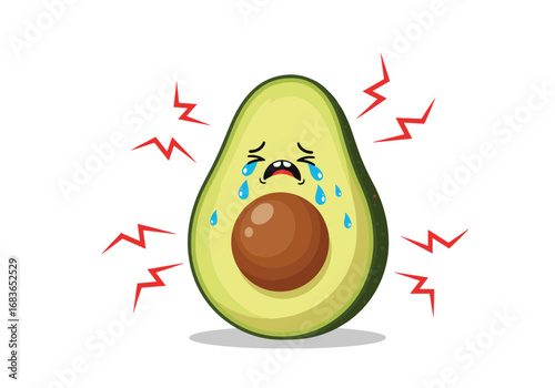 A sad avocado crying tears of distress with red lightning bolts surrounding it on a white background