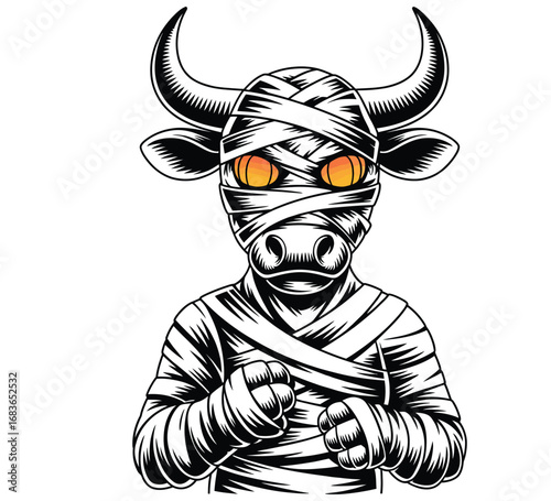 Mummy bull wrapped in bandages with glowing pumpkin eyes in spooky halloween black and white vector design