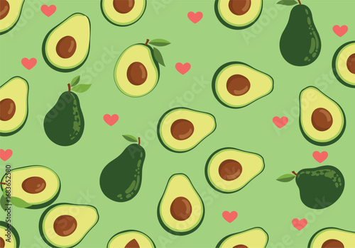 Pixelated avocado halves and whole fruits with hearts pattern