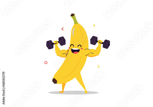 A cheerful banana character flexing muscles while lifting weights for a healthy lifestyle