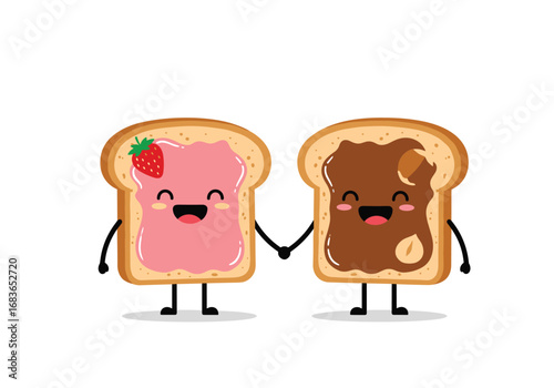 Happy toasts with strawberry jam and chocolate spread holding hands together