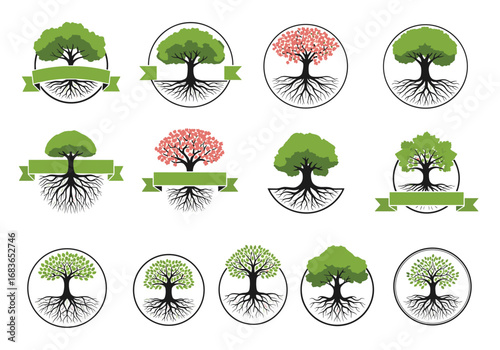 Collection of diverse tree logos rooted in nature and growth concepts