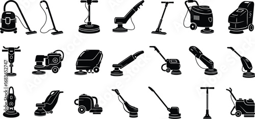 Floor Cleaning Machine Silhouette Set with Vacuum, Scrubber, Polisher, Carpet Cleaner Icons for Industrial, Commercial and Janitorial Use