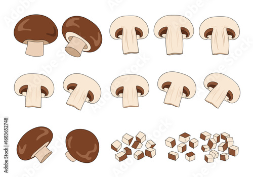 Collection of freshly harvested button mushrooms in various stages of preparation and slicing