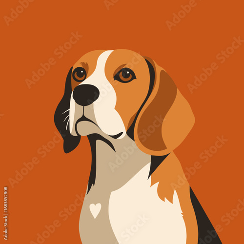 Flat vector illustration of a beagle dog on orange background, perfect for pet design, poster, or decor