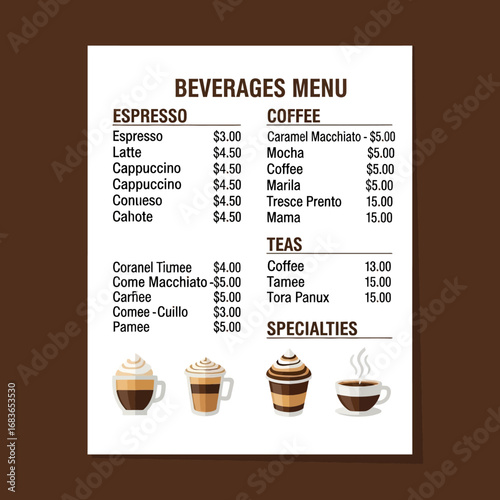 Beverages Menu with Espresso, Coffee, Teas, and Specialties.