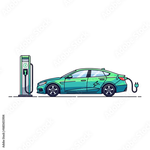 A green electric car is refueling its battery at a charging station, depicted in a modern cartoon illustration style.