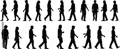Walking Silhouette Set of Diverse People in Side Profile Motion for Crowd, Urban, Lifestyle, and Human Movement Vector Design