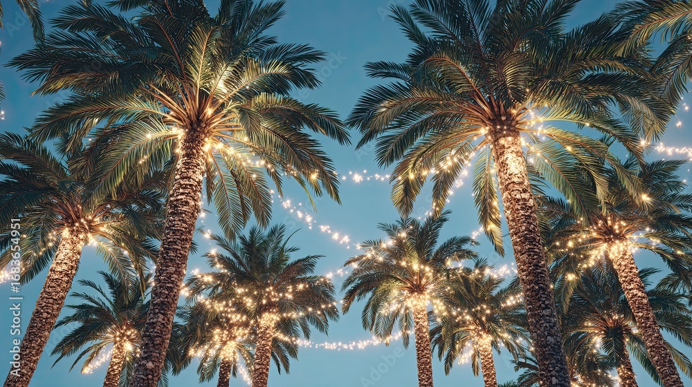 Fototapeta premium Palm trees lights festive tropical evening summer paradise night sky holiday travel exotic glow