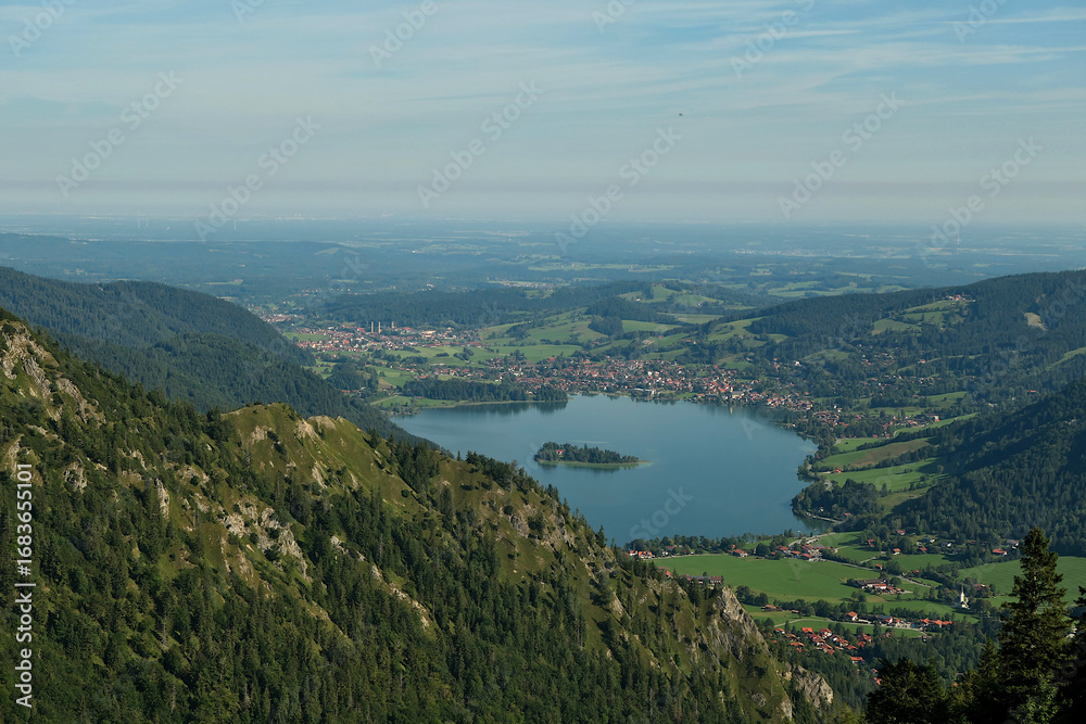 Fototapeta premium View of lake Schliersee in Bavaria from the slopes of mount Brecherspitz