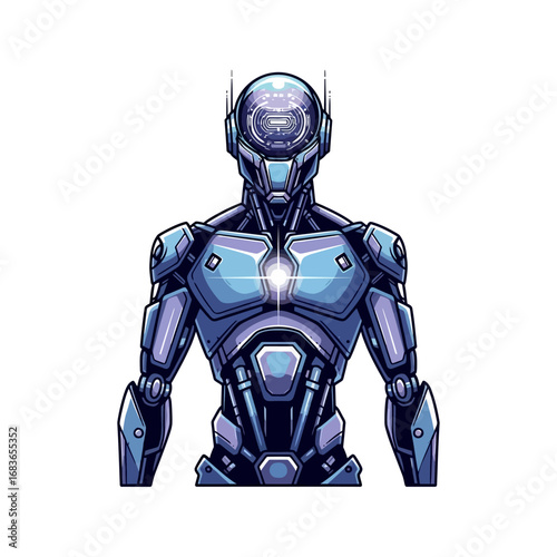 A futuristic humanoid robot with glowing blue and purple metallic armor.