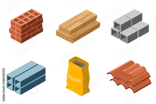 Building material vector illustrations, cement bricks wood planks tiles steel pipes roofing sheets graphics, construction supplies design, architecture industrial art