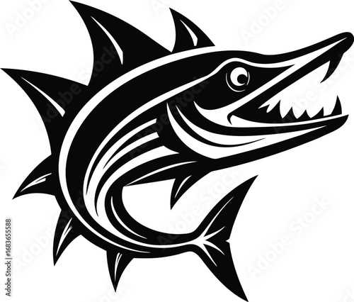 Vector art of a dynamic black and white illustration of a barracuda fish with sharp teeth and spiky fins, depicted in a stylized, aggressive manner, isolated on a