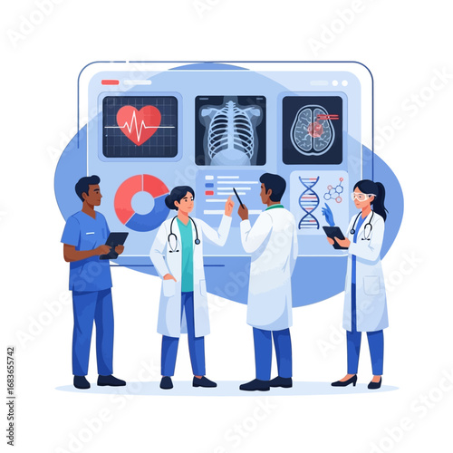 A diverse team of doctors and scientists collaborating and analyzing patient data on a large digital interface with medical scans and charts.
