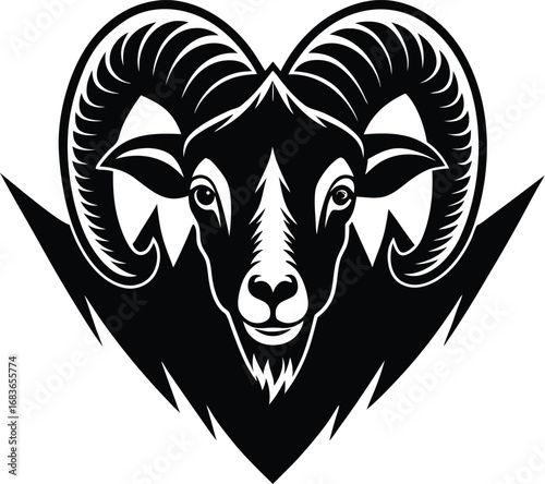 Vector art of black and white graphic illustration of a rams head with large curved horns, set against a mountain peak silhouette, forming a heart shape