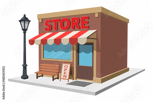 Cartoon Store Building Illustration Red Awning Open Sign Bench Lamppost