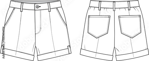 High waisted women’s shorts with front pockets, rolled hem, belt loops, back patch pockets, technical CAD flat vector illustration drawing