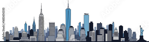 Iconic New York City skyline with Statue of Liberty in cool blue tones