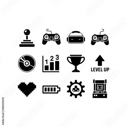 Collection of black video game icons on white background gaming controller