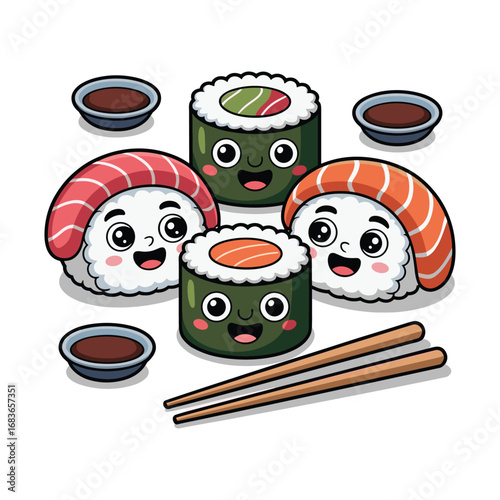 Adorable kawaii sushi characters with chopsticks and soy sauce