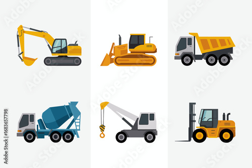 Construction vehicles vector illustrations, heavy machinery excavator bulldozer dump truck forklift crane cement mixer graphics, industrial equipment design, engineering industry set