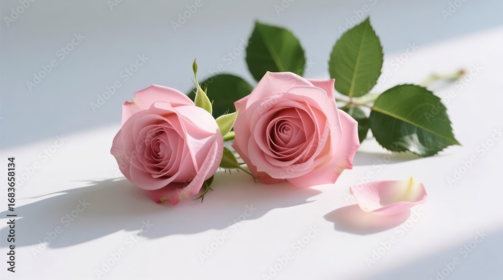 Fototapeta premium Two delicate, pale pink roses, petals softly curved, rest on a light background. Shadows gently fall
