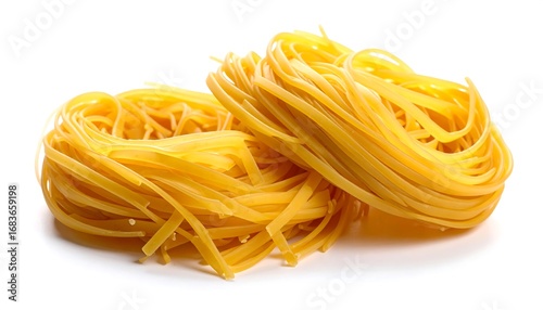 Two nests of pasta on a white background