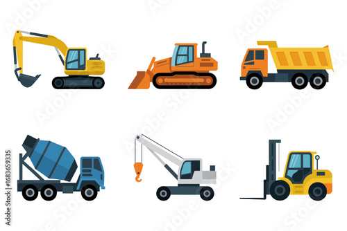 Heavy equipment vehicle vector illustrations, excavator bulldozer crane dump truck concrete mixer forklift icons, industrial construction set