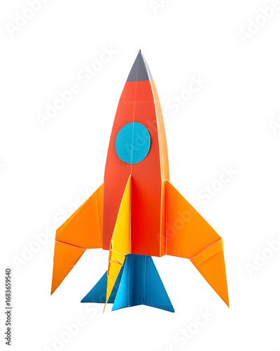 Colorful paper rocket soaring against a black background