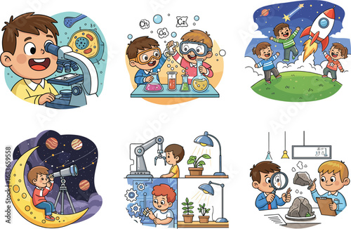 Cartoon kids doing science experiments, space exploration, lab research, STEM learning, microscope, robotics, chemistry, astronomy, fun educational illustration