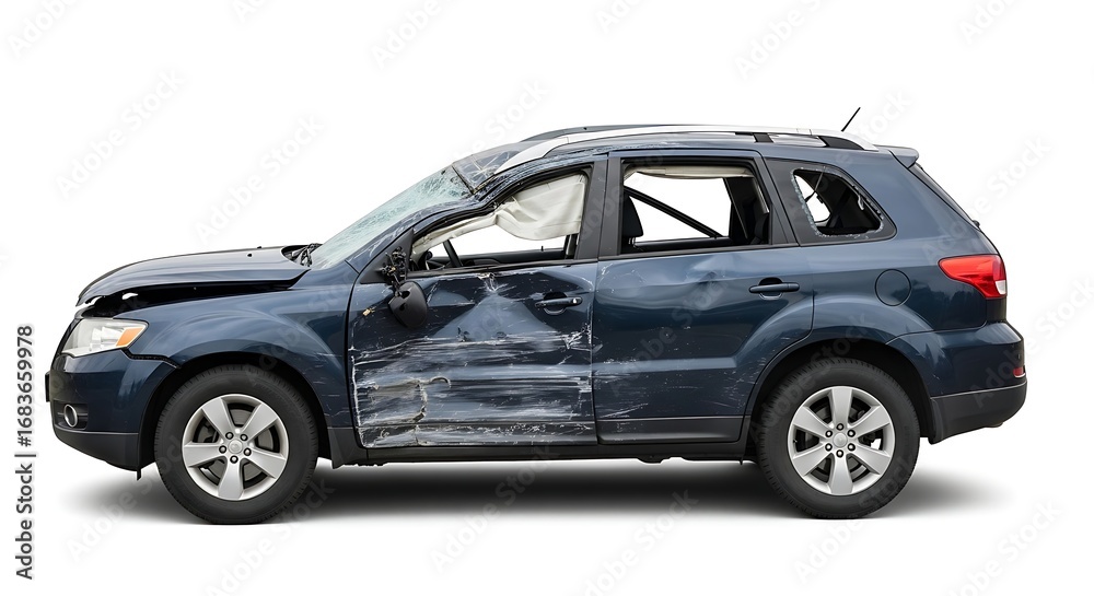 Obraz premium Damaged Blue SUV Car Accident Crash isolated on white