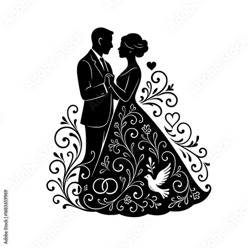 Elegant Bride and Groom Design with Ornamental Arabesques – Symmetrical Wedding Artwork
