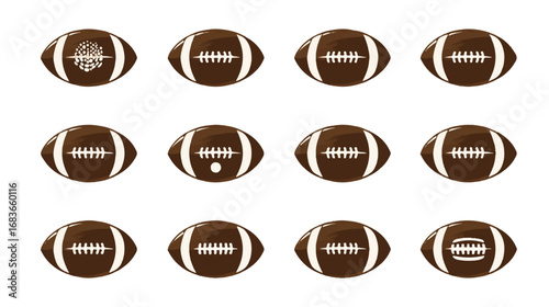 American Football Seamless Pattern Brown Leather Balls and White Laces Vector Graphic Set Various Designs