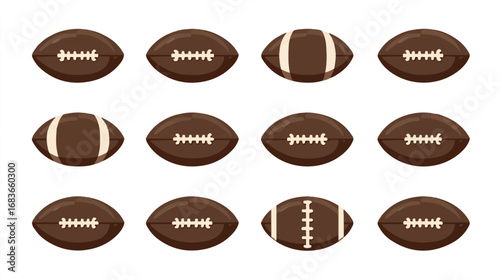 American Footballs Collection Brown Leather Different Designs Isolated on White Background for Sport and Recreation