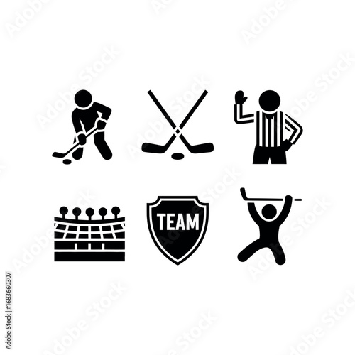 Hockey player referee puck sticks net and team shield icons ice hockey