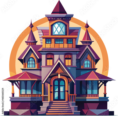 Halloween Art Nouveau Victorian House Sunset Illustration