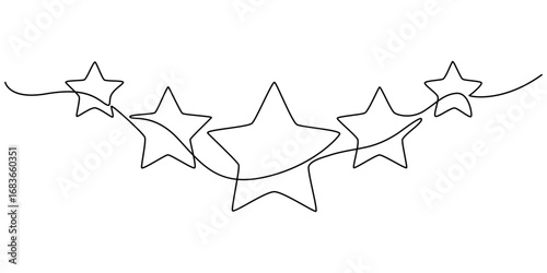 Continuous one line drawing of five star rating Concept of rating service and customer reviews vector illustration, Five stars outline drawing. Hand drawn doodle stars illustration in continuous line.