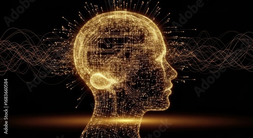 Golden Digital Human Head with Data Streams and Futuristic Neural Network Patterns