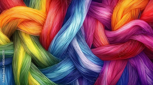 Vibrant interwoven strands of colorful yarn or thread