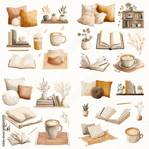 Watercolor cozy lifestyle illustration with books, pillows, coffee mugs, plants, and soft decorative elements in a warm hygge interior theme.