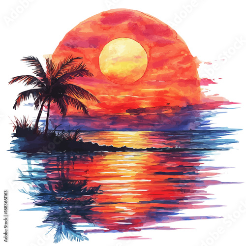 watercolor of Tropical Beach Summer Sunset, vector, isolated on a white background.